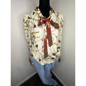 Vintage Equestrian Lavallière Blouse | Red & Green Striped Tie-Neck Top